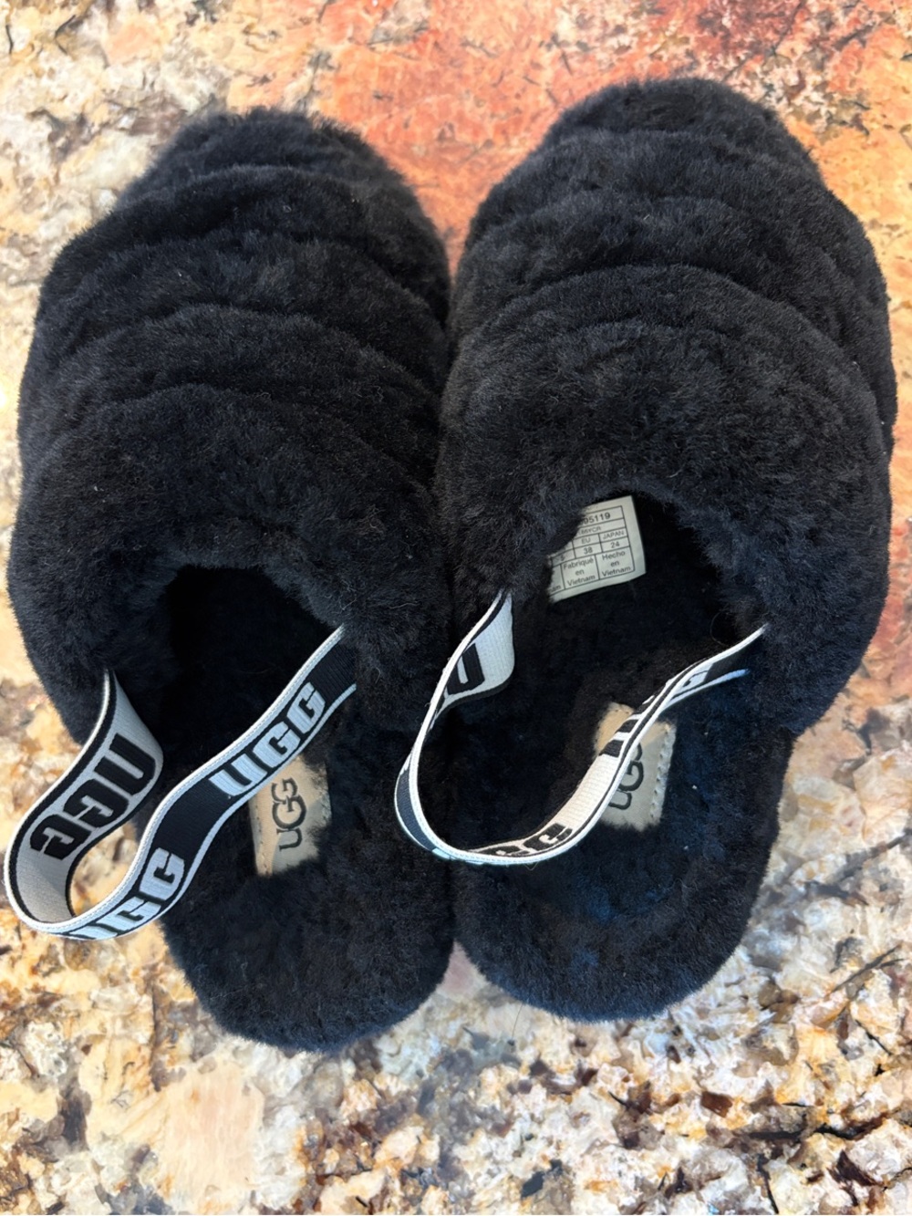 UGG Black Fuzzy Slide Sandals with Logo Heel Strap ~ GREAT Condition 😁